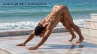 Adho Mukha Svanasana. Downward-Facing Dog Pose. Yogi. Greek athlete, sweaty muscle yoga on wet marble 40s