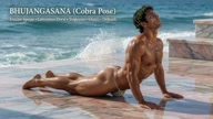Bhujangasana. Cobra Pose. Yogi. Greek athlete, sweaty muscle yoga on wet marble 10s
