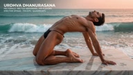 Dhanurasana. Bow Pose. Yogi. Greek athlete, sweaty muscle yoga on wet marble 2m1s