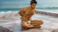 Gomukhasana. Cow Face Pose. Yogi. Greek athlete, sweaty muscle yoga on wet marble 20s