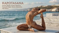 Kapotasana. Pigeon Pose. Yogi. Greek athlete, sweaty muscle yoga on wet marble 1m40s