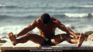 Navasana. Boat-Pose. Yogi. Greek athlete, sweaty muscle yoga on wet marble 1m0s