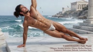 Vasisthasana. Side Plank Pose. Yogi. Greek athlete, sweaty muscle yoga on wet marble 49s