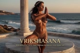 Vrikshasana. Tree Pose. Yogini. Greek goddess, classical artistic yoga on wet marble 30s
